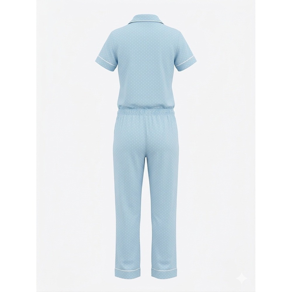 PajamaGram Womens Pajama Set Blue Polka Dot 100% Cotton Button Front MD Medium